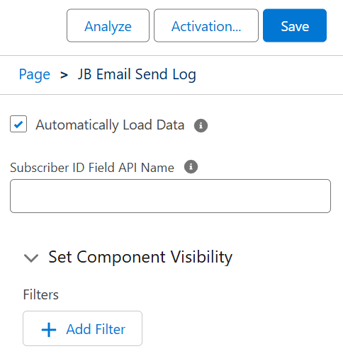 JB Email Send Log component properties with the Subscriber ID Field API Name setting
