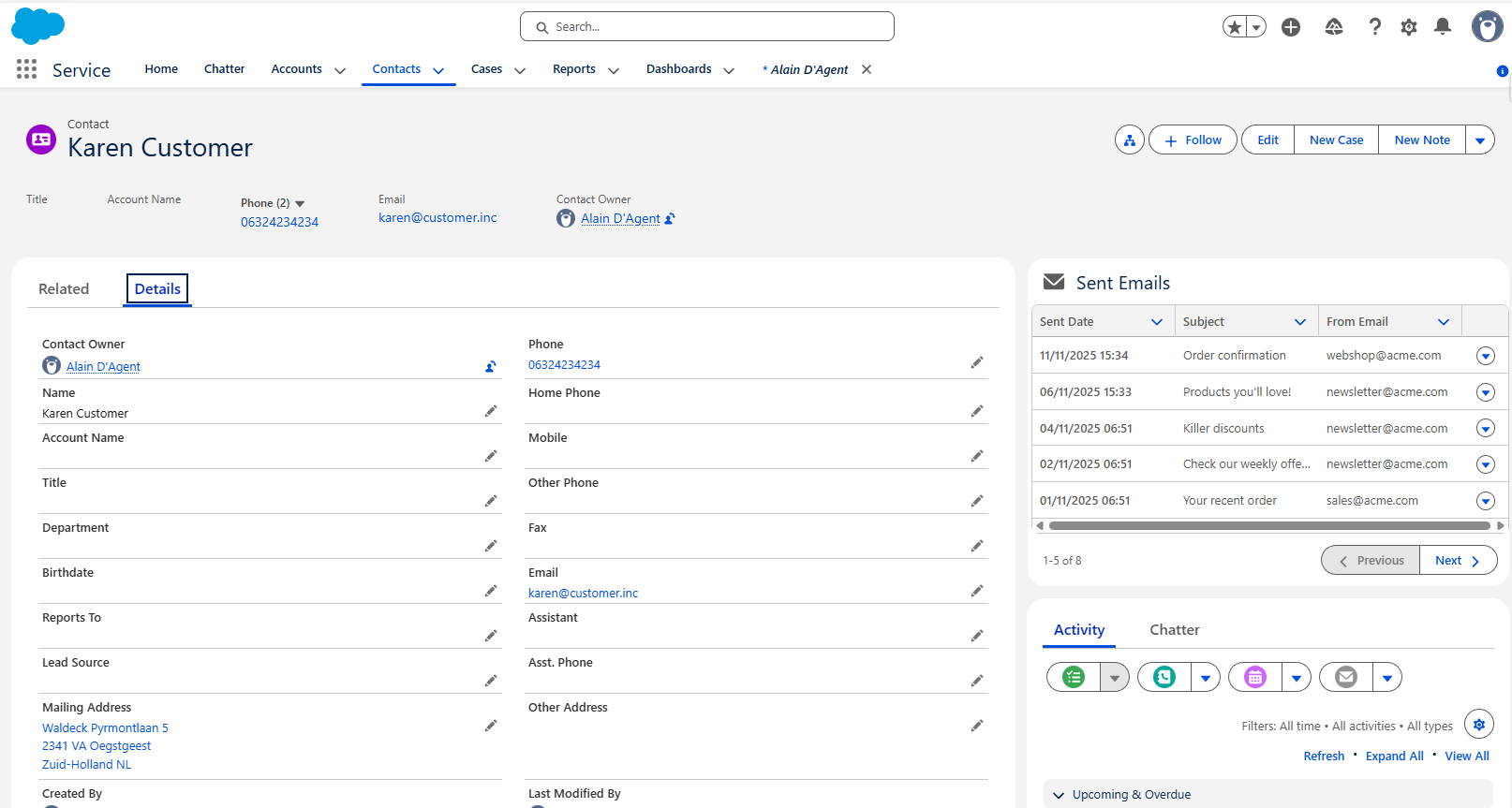 Service Cloud Contact record page with the Sent Emails component in the right-hand column