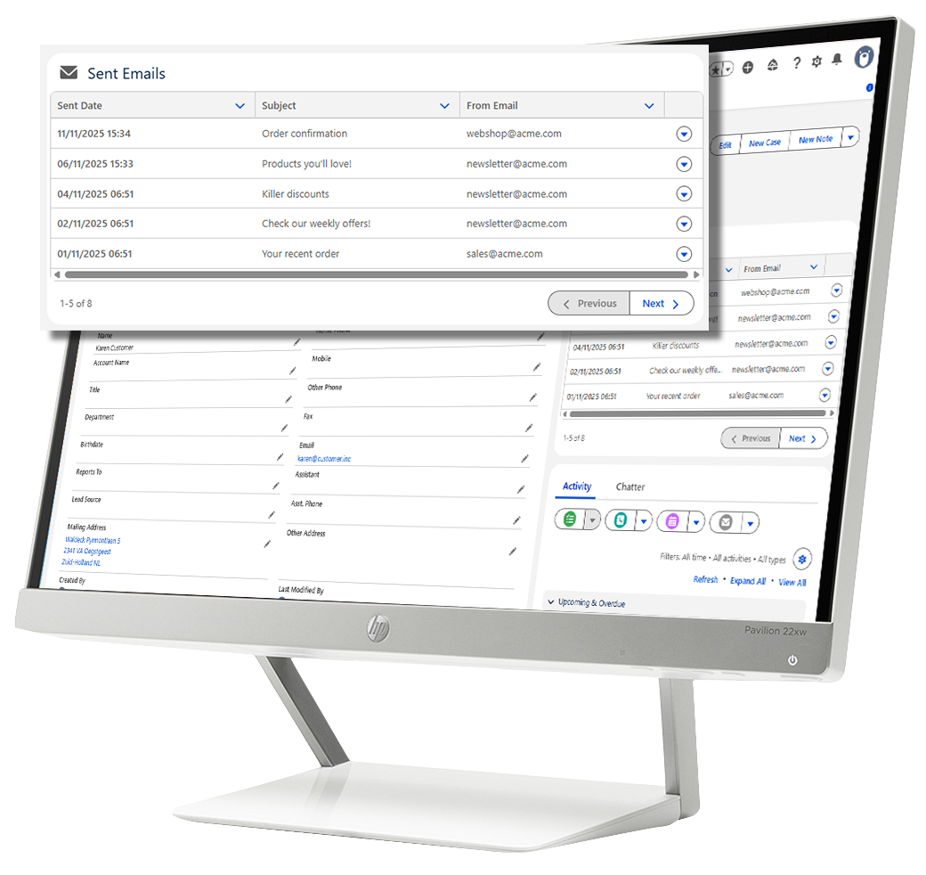 Sent Emails table on a monitor, listing sent date, subject and sender address for one contact